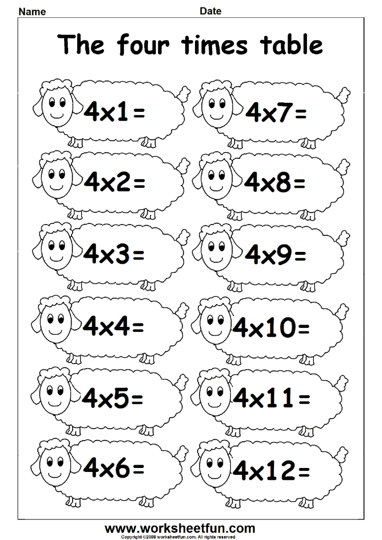 4 Times Table Worksheet Free