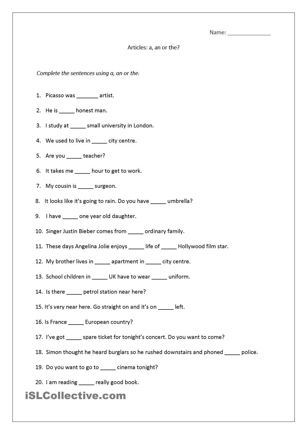 Use Of A And An Worksheet With Answers