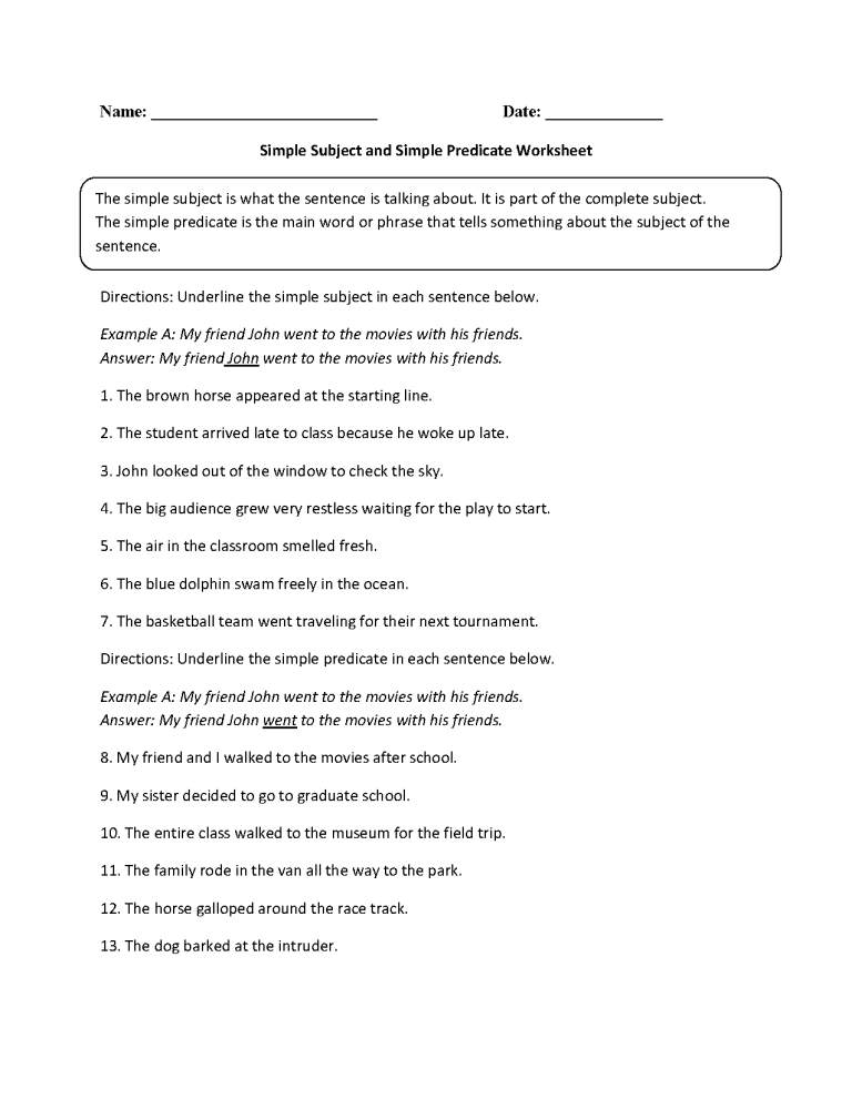 Simple Subject And Predicate Worksheets 6th Grade