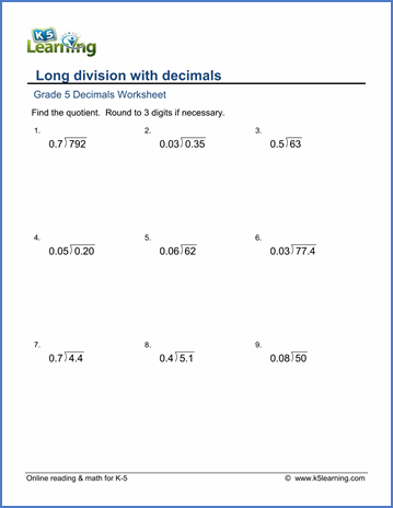 Dividing Decimals Worksheet 5th Grade Pdf