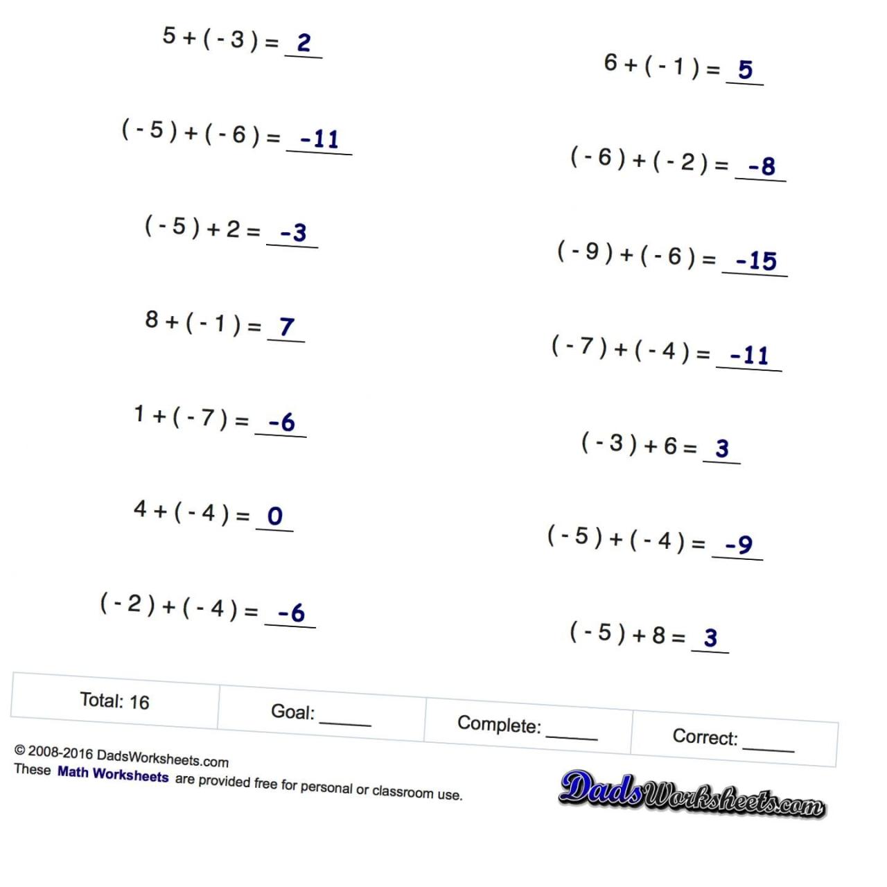 Subtracting Integers Worksheet