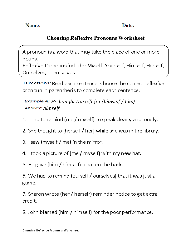 4th Grade Reflexive Pronouns Worksheets