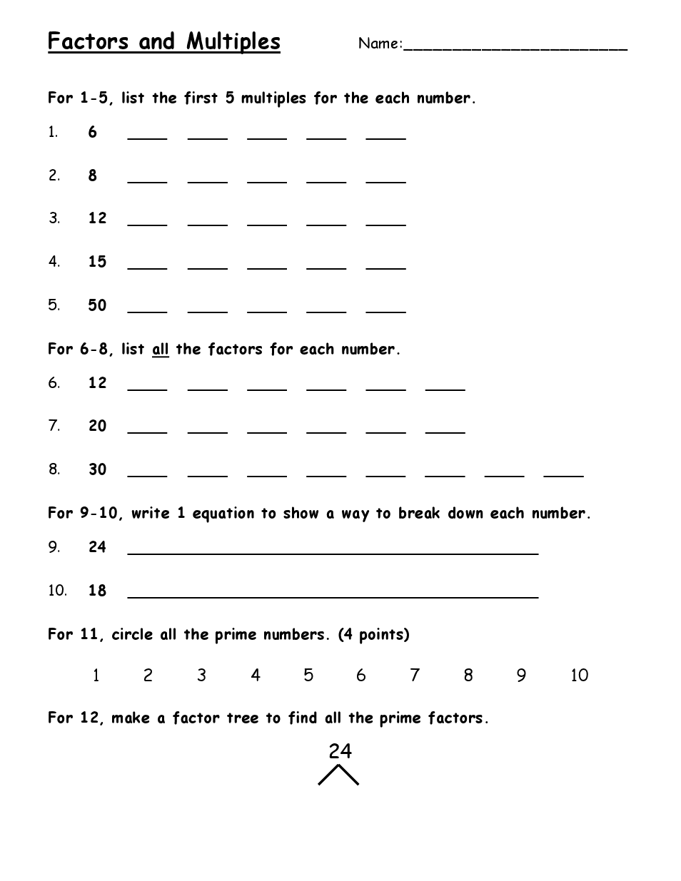 Factors And Multiples Worksheet For Grade 5 With Answers