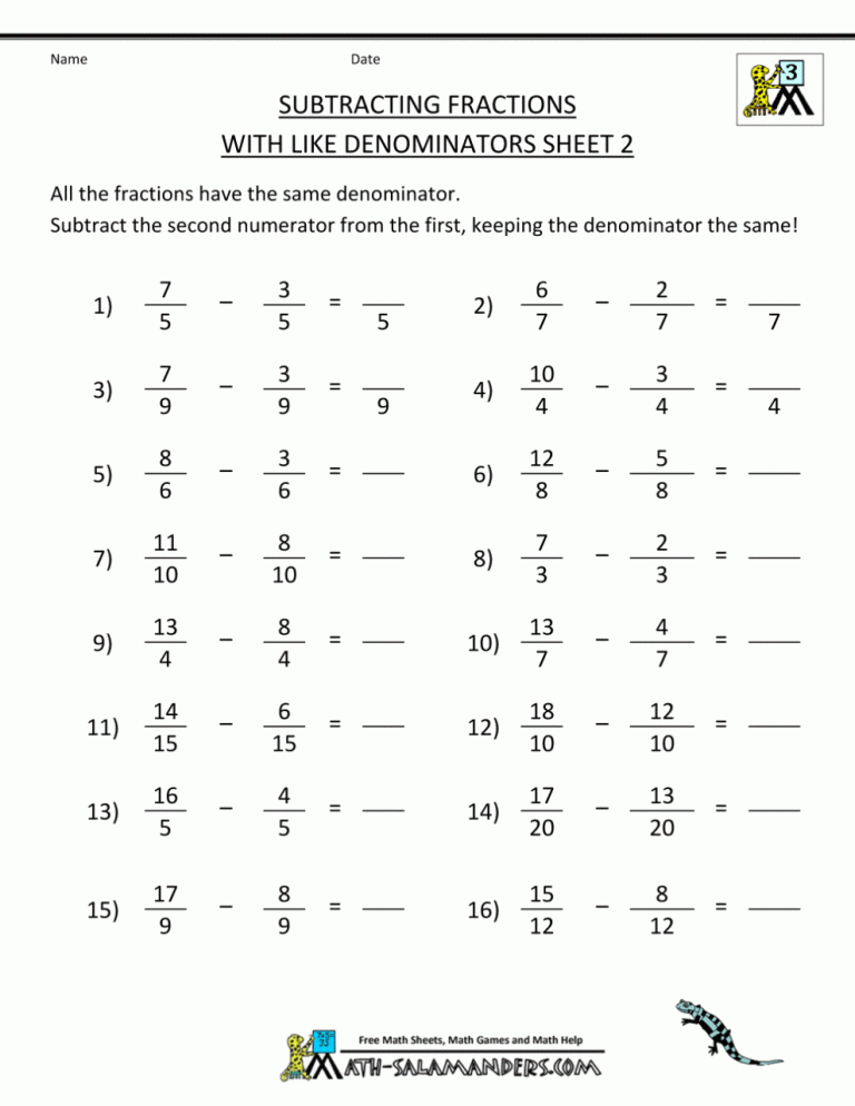 Subtracting Fractions Worksheets With Like Denominators