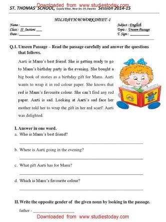 Comprehension For Class 2 Icse