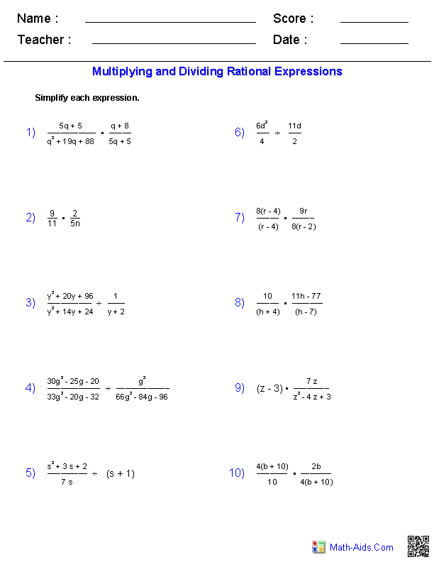 Multiplying And Dividing Rational Expressions Worksheet Pdf