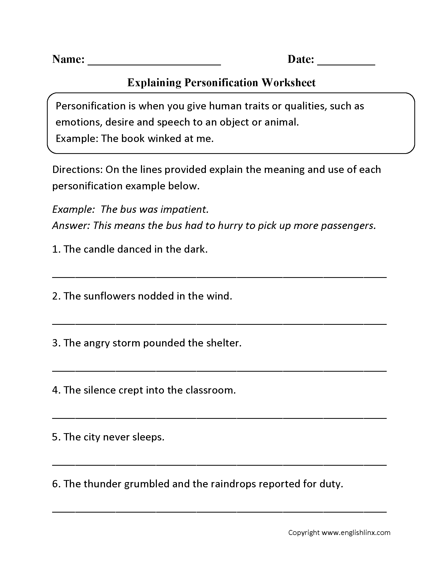Personification Worksheet 5th Grade