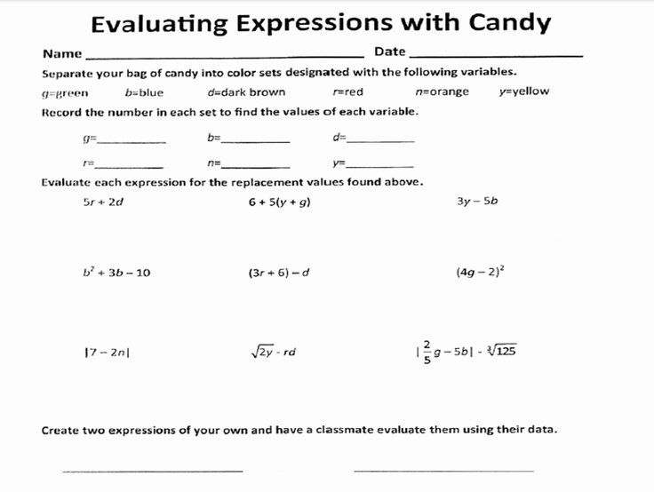 Evaluating Algebraic Expressions Worksheet