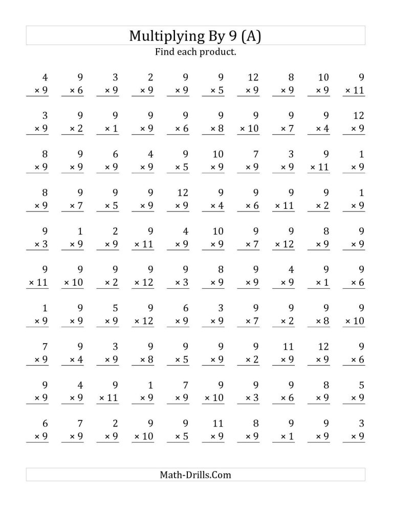 Multiplication Facts Worksheets 9s
