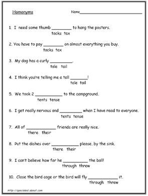 Homophones Worksheets For Grade 6 With Answers