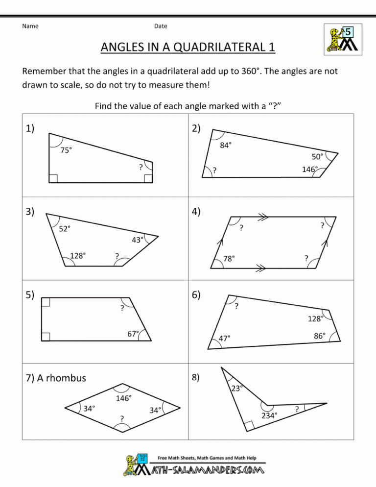Angles In Quadrilaterals Worksheet