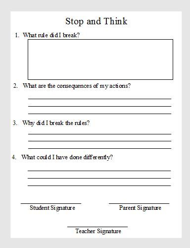 Behavior Reflection Sheet For Kids