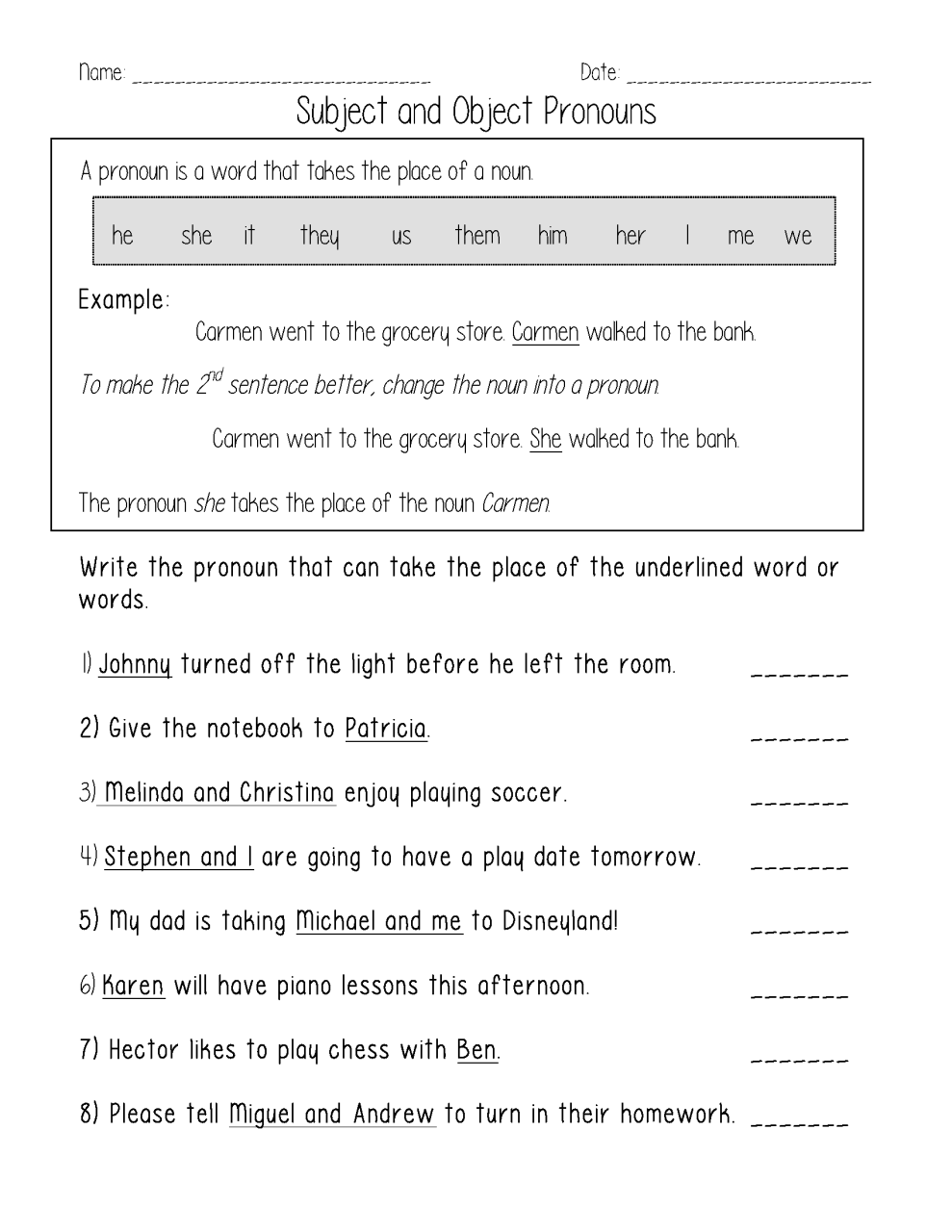 Personal Pronouns Worksheets For Grade 2