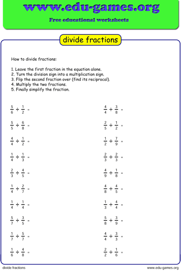 Dividing Fractions By Whole Numbers Worksheet 5th Grade