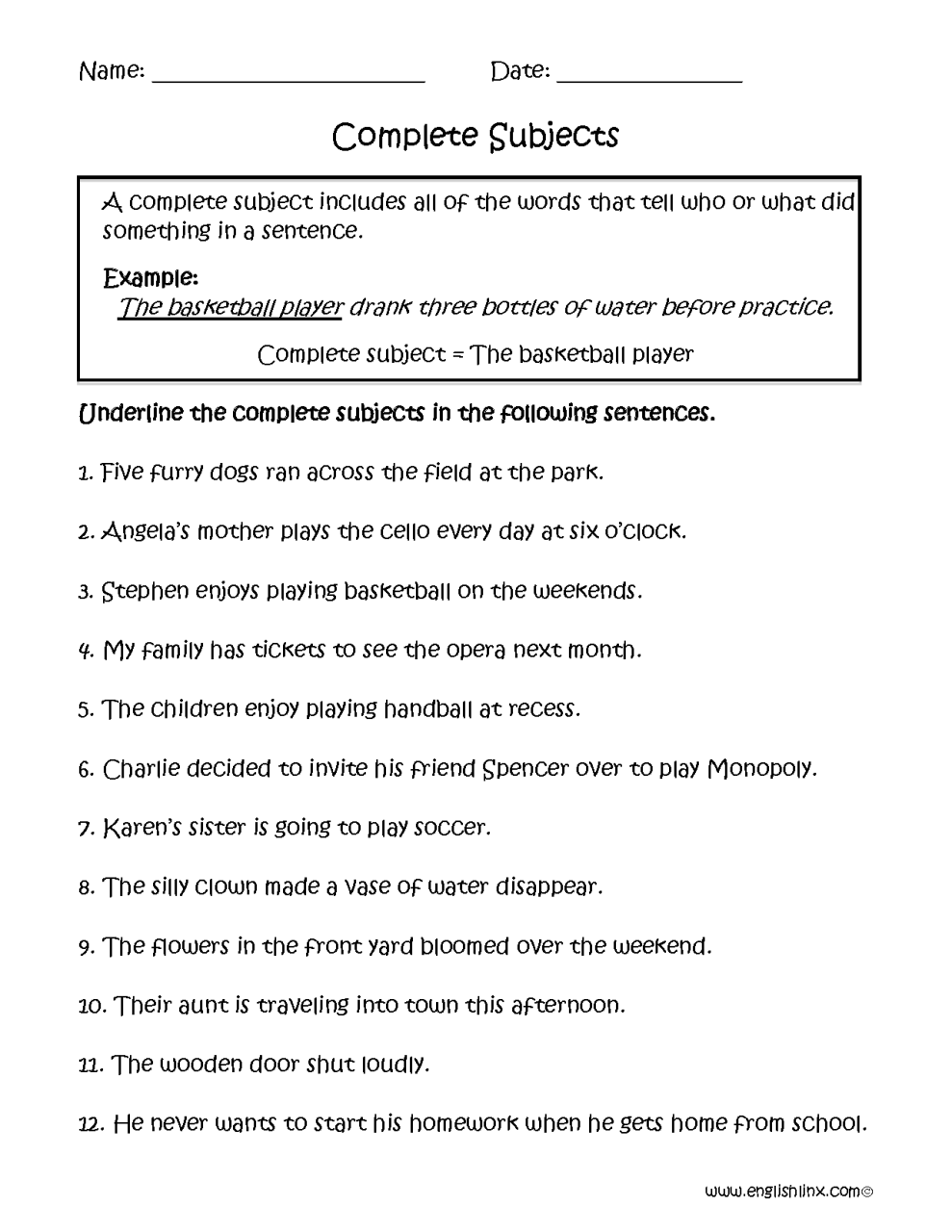 Subject And Predicate Worksheets With Answers For Grade 5