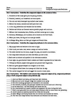 Simple Subject And Predicate Worksheets 5th Grade