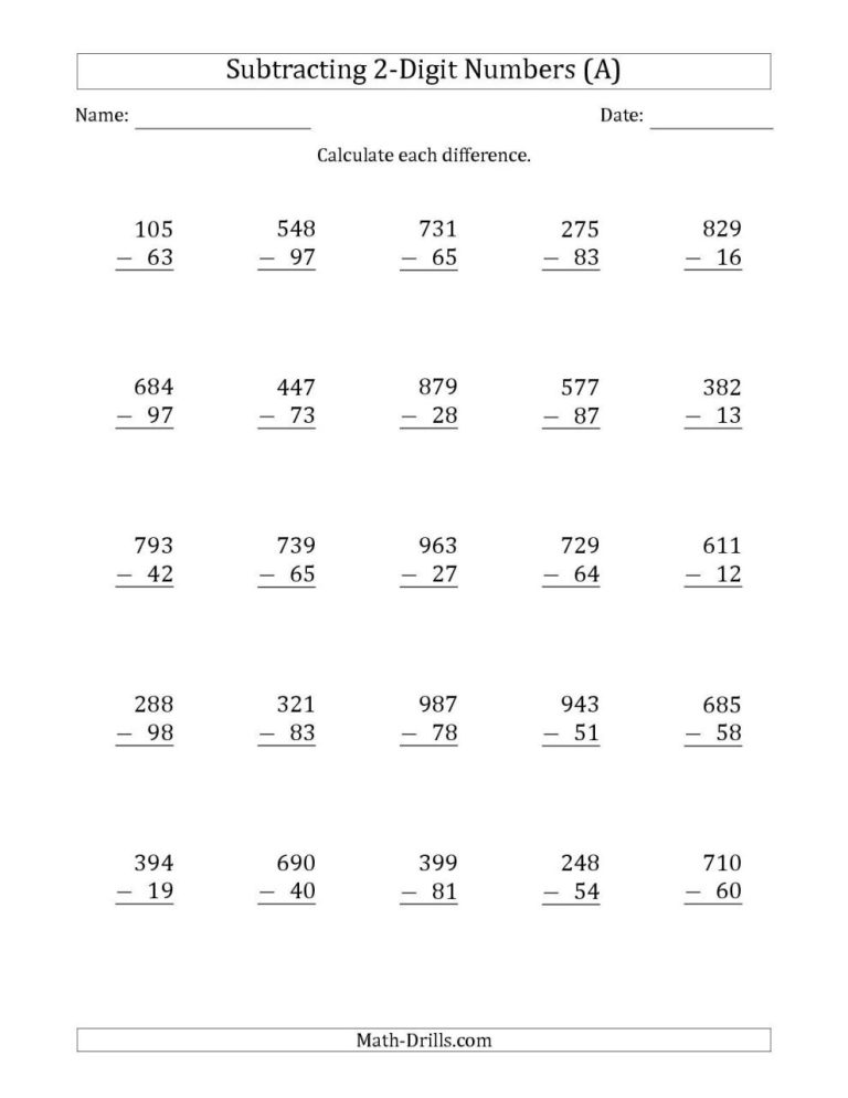 Subtraction Worksheets For Grade 3 With Borrowing