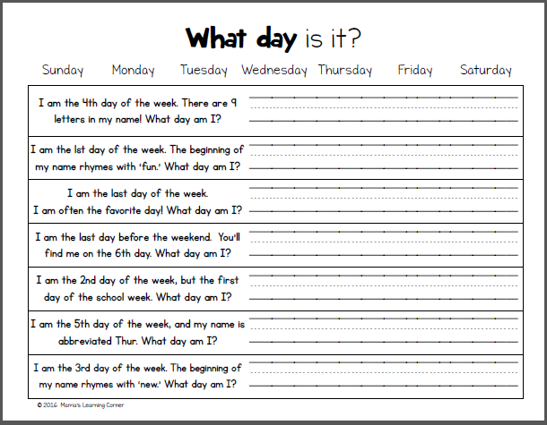 Grade 1 Days Of The Week Worksheets Pdf