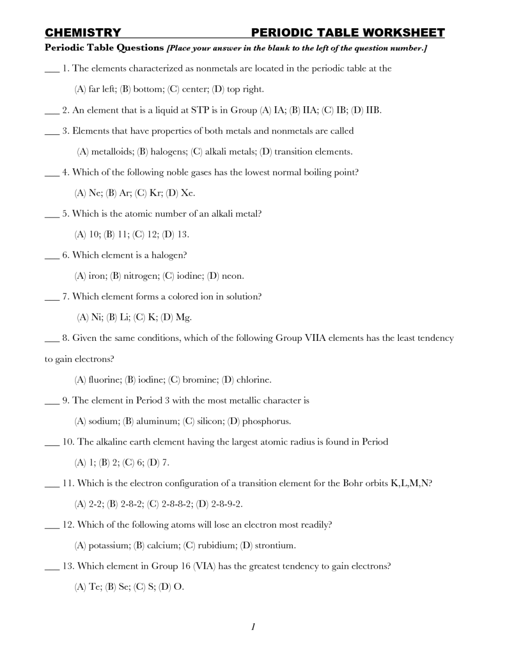 Periodic Table Trends Worksheet Answer Key