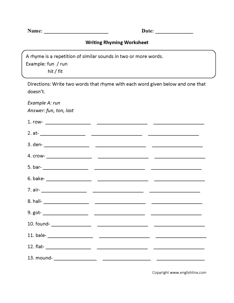 Printable Rhyming Words Worksheets Pdf