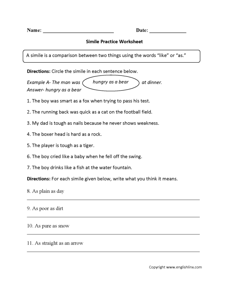 Figurative Language Worksheet 3 Answers