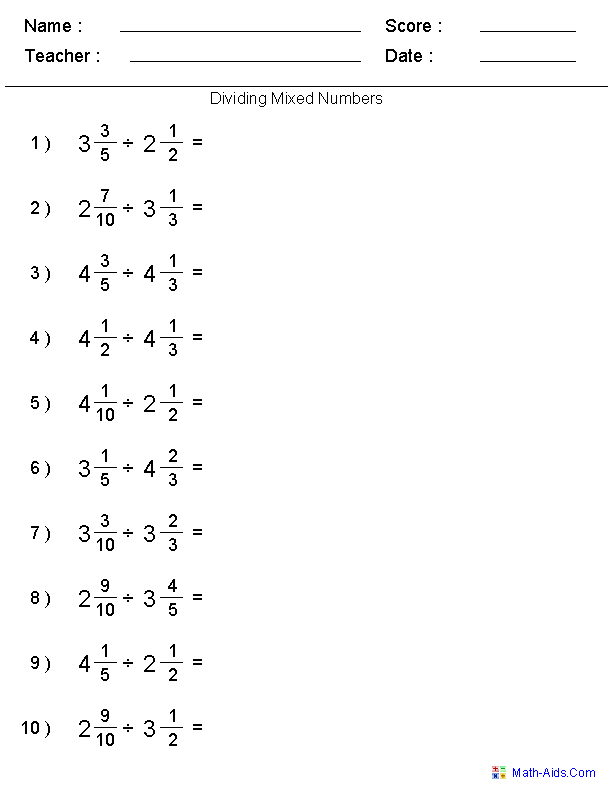 Dividing Mixed Numbers Worksheet Pdf