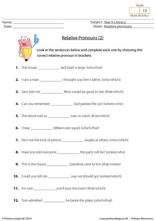 Relative Pronouns Worksheet Grade 6