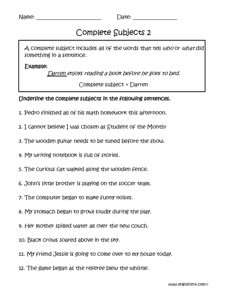Subject And Predicate Worksheets Free
