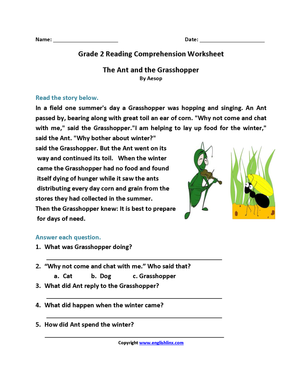 Comprehension Worksheets For Grade 2 With Answers