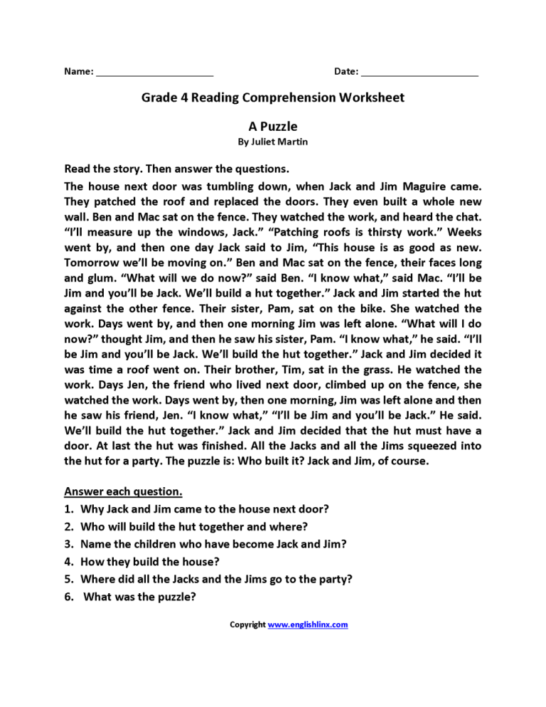 Comprehension Worksheets For Grade 4 With Answers