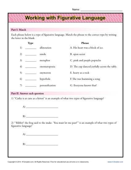 5th Grade Free Figurative Language Worksheets