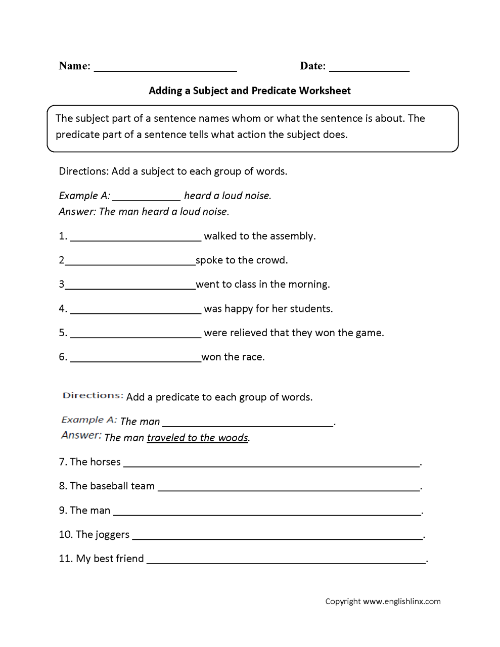 Subject And Predicate Worksheets For 4th Grade