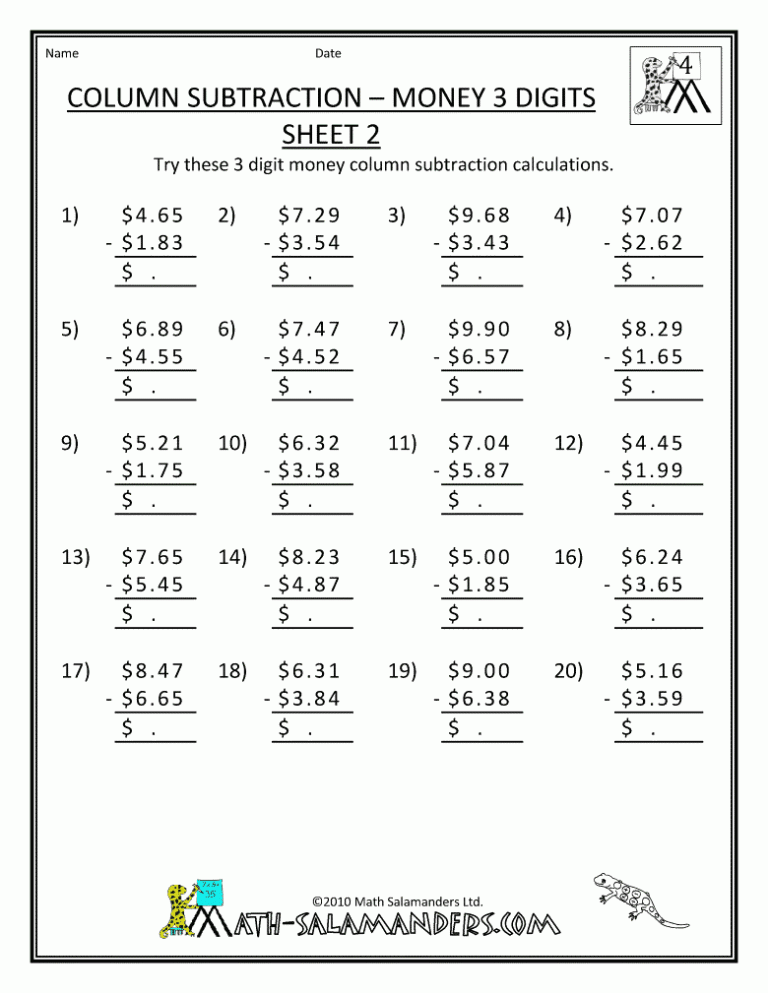 4th Grade Math Worksheets Addition And Subtraction