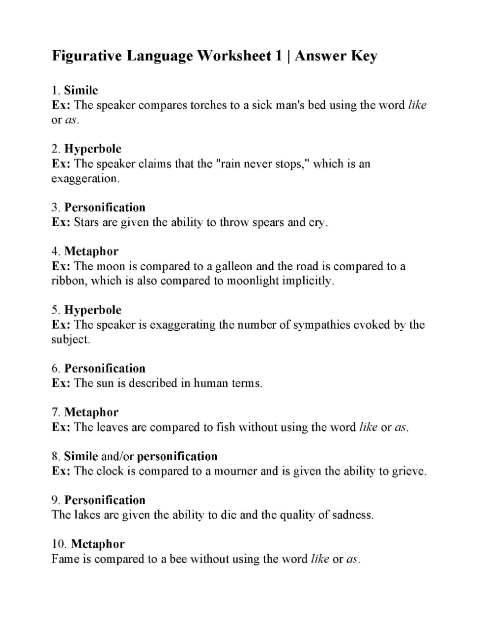 7th Grade Figurative Language Worksheets With Answers