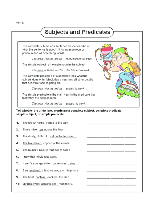 4th Grade Simple Subject And Predicate Worksheet