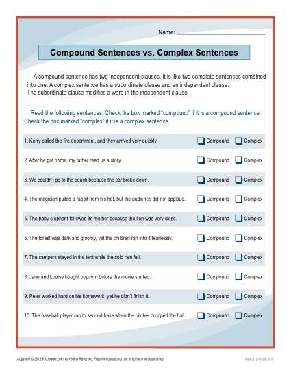 Complex And Compound Sentences Worksheet With Answers