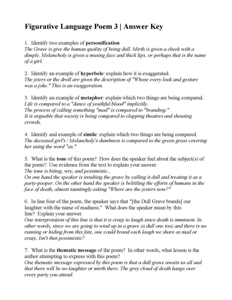 Figurative Language Worksheet 3 Answer Key