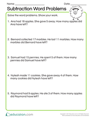 First Grade Subtraction Word Problems Grade 1 Pdf