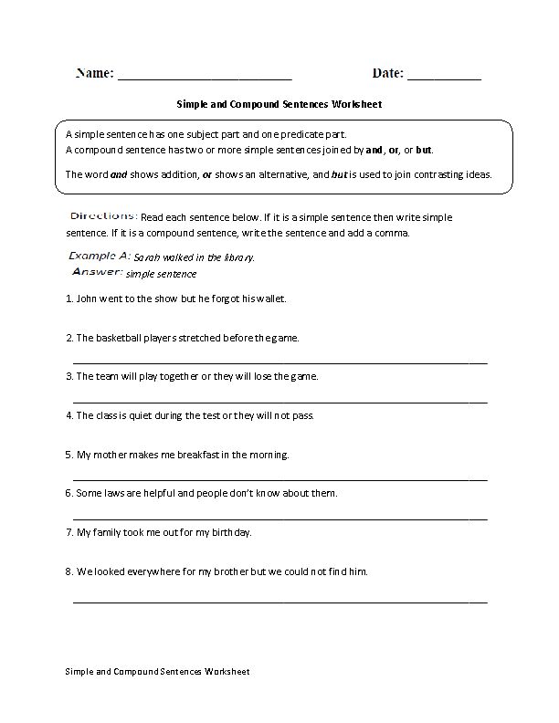 Simple And Compound Sentences Worksheet 2nd Grade
