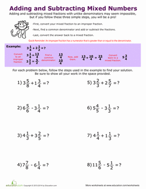 Grade Subtracting Mixed Numbers Worksheet