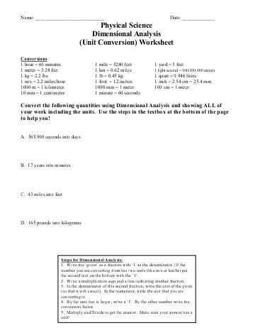 Conversion Dimensional Analysis Worksheet Answer Key