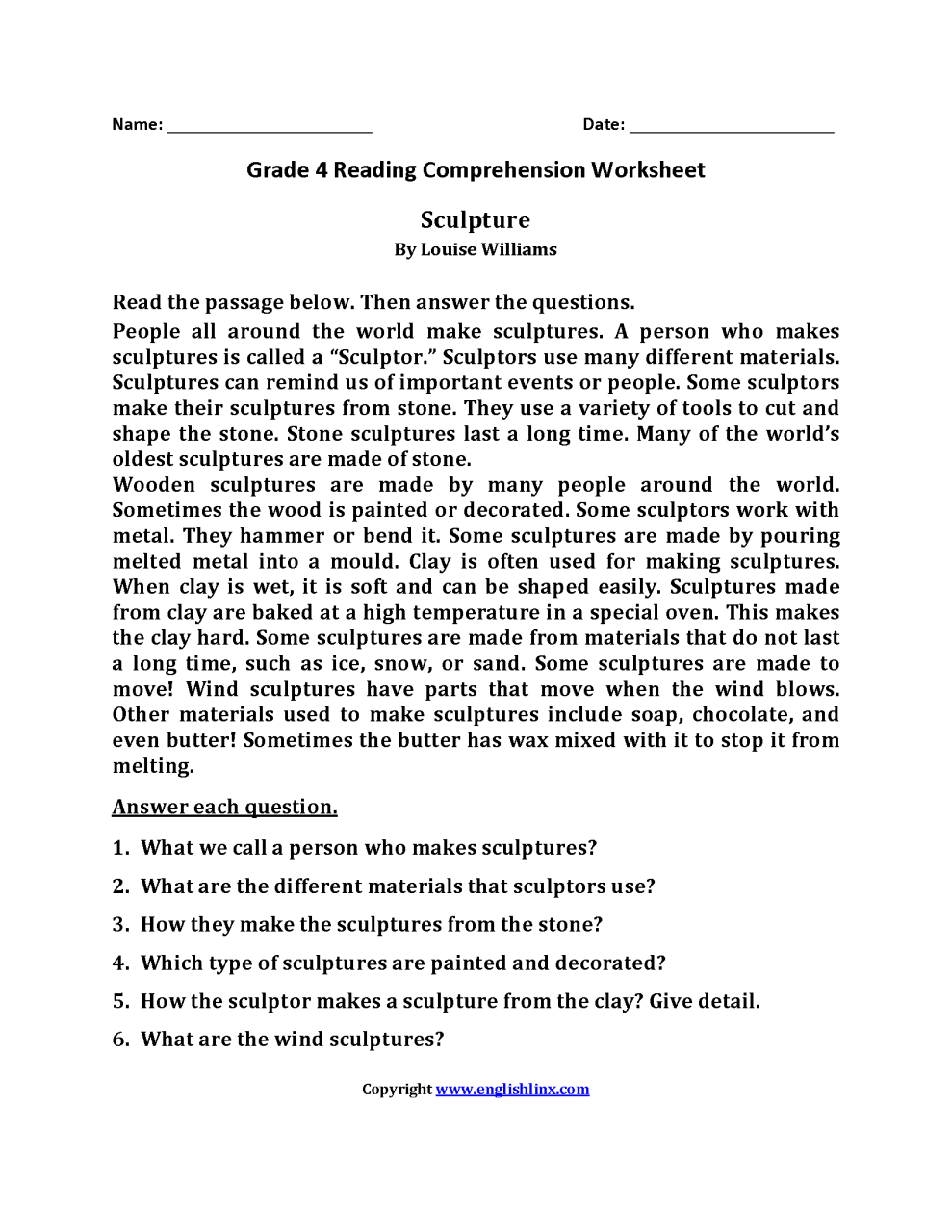 4th Grade Comprehension Worksheets For Grade 4