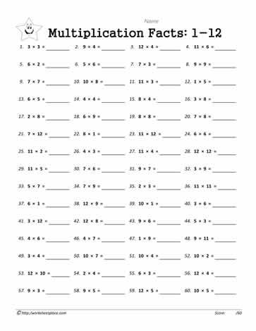 Multiplication Times Tables Worksheets 1-12