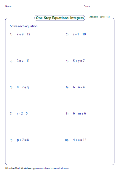 6th Grade One Step Equations Addition And Subtraction Worksheet
