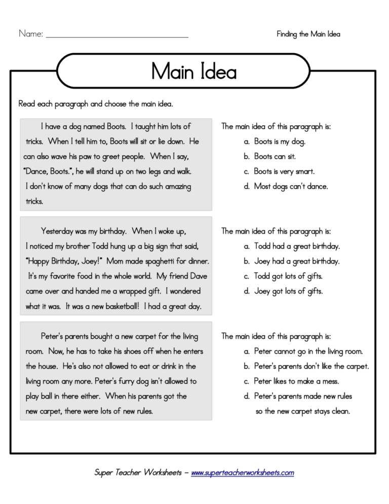 3rd Grade Main Idea And Supporting Details Worksheets Pdf