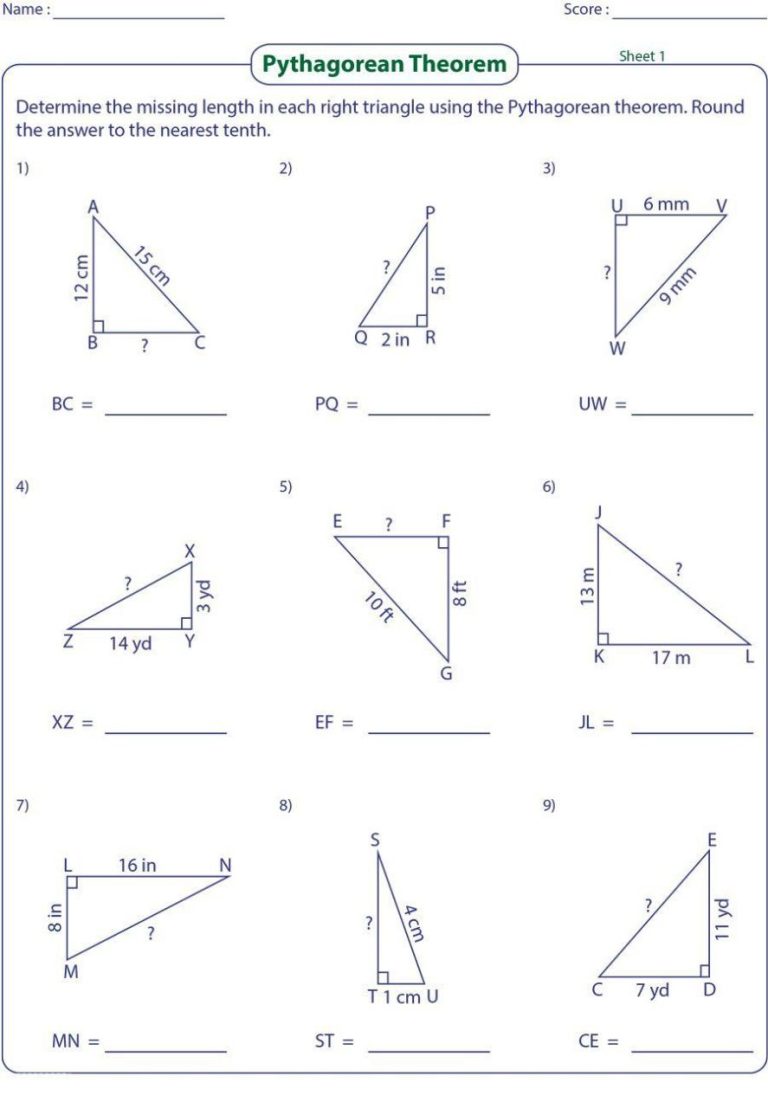 Geometry Pythagorean Theorem Worksheet Answers
