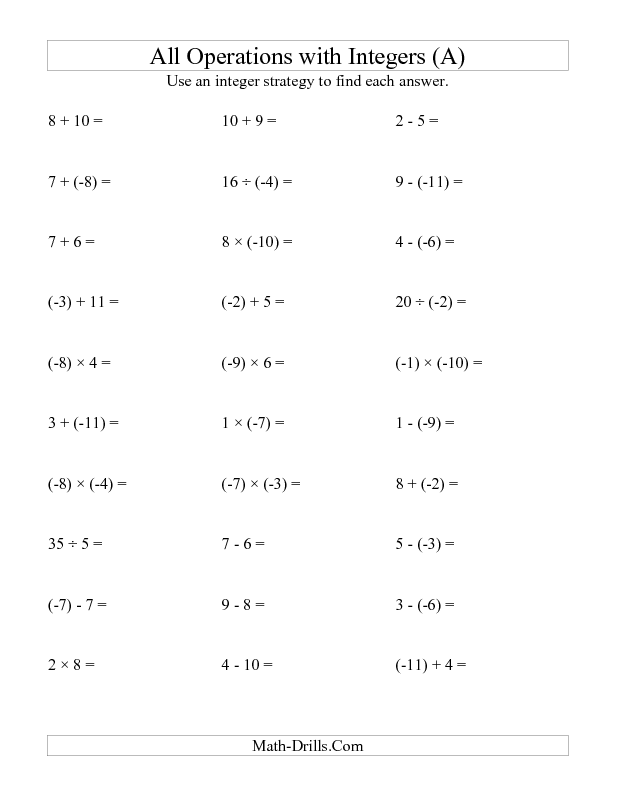 Integers Worksheets With Answers Grade 7
