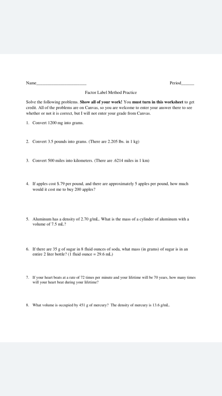Density And Dimensional Analysis Worksheet Answers