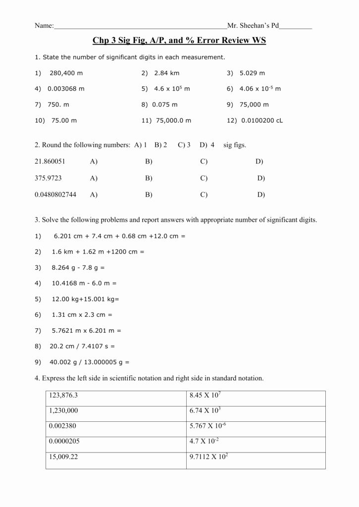Chemistry 1 Significant Figures Worksheet Answers