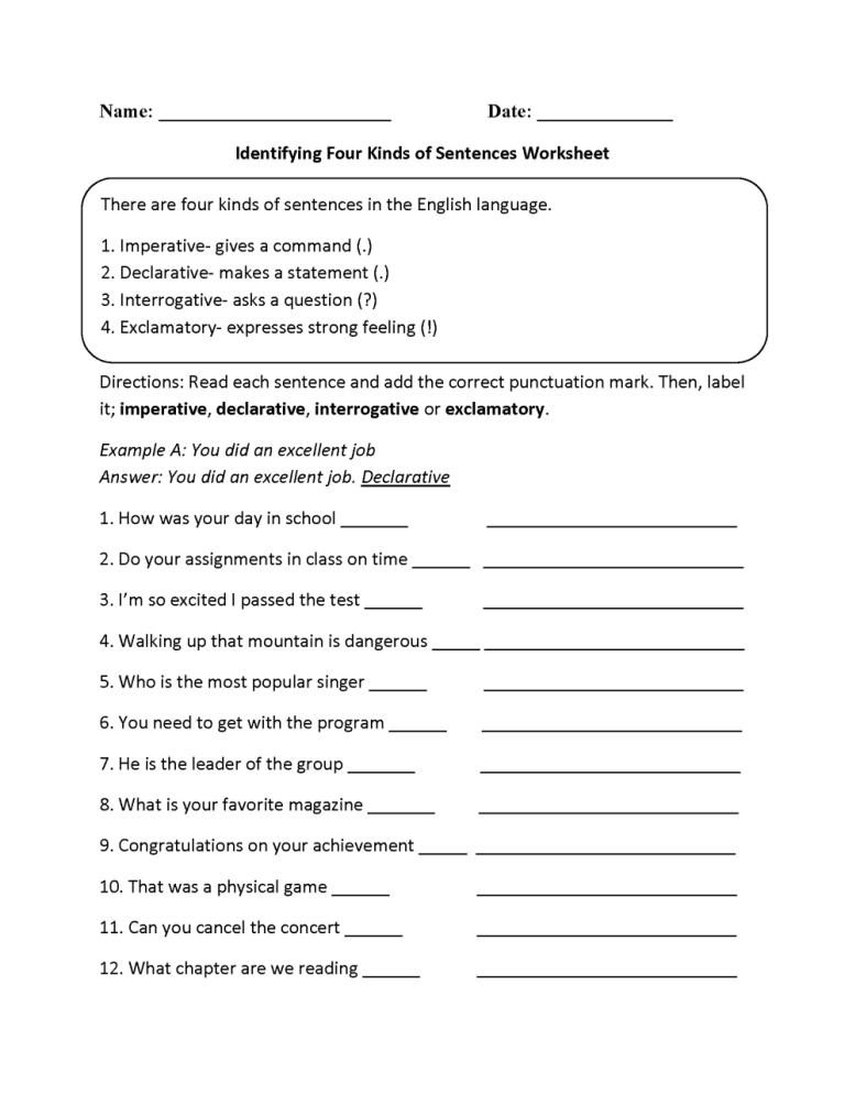 Types Of Sentences Worksheets 4th Grade With Answers